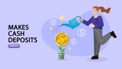 vector of a woman watering a growing money plant , symbolizing investment growth and financial success. concept of savings, cash deposits, wealth management, and financial planning.
