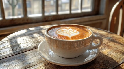 Cup of coffee resting on a rustic wooden table with natural grain pattern and warm lighting