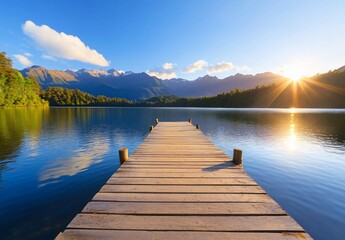 Obraz premium Lakeside pier at sunrise, tranquil mountain lake, scenic view, peaceful atmosphere, suitable for wallpaper, desktop background, or travel brochure