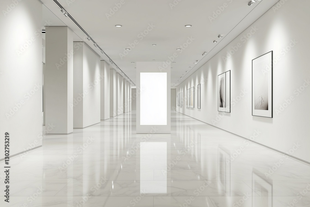 Poster modern art gallery showcasing a sleek vertical display in a minimalistic environment with large whit