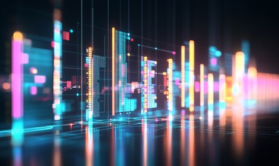 Abstract digital cityscape with glowing lights reflecting on dark surface