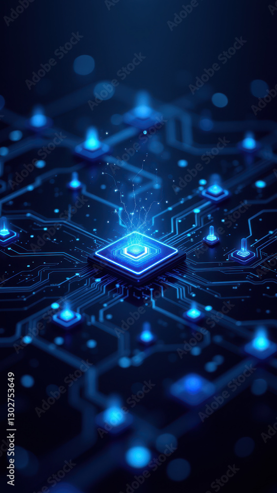 Poster a high-tech illustration featuring a central processing unit surrounded by circuit boards with glowi
