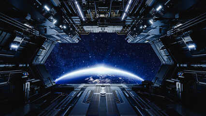 Spaceship flying over earth with open bay doors revealing sunrise. 3d render
