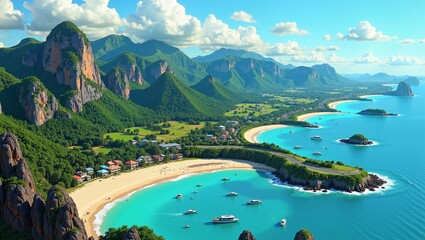 Fototapeta premium Stunning aerial view showcasing Philippine Island Shore, vibrant turquoise waters, sandy beaches, lush greenery surrounding dramatic cliffs. Concept: Philippine Island Shore beauty captured in nature