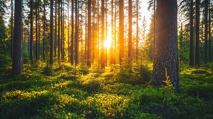 Fototapeta premium Sun beaming through tall trees in a lush forest setting, creating a vibrant, natural, scenic backdrop