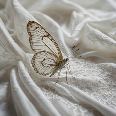A delicate white butterfly with intricate wing patterns, softly resting on a white silk fabric.