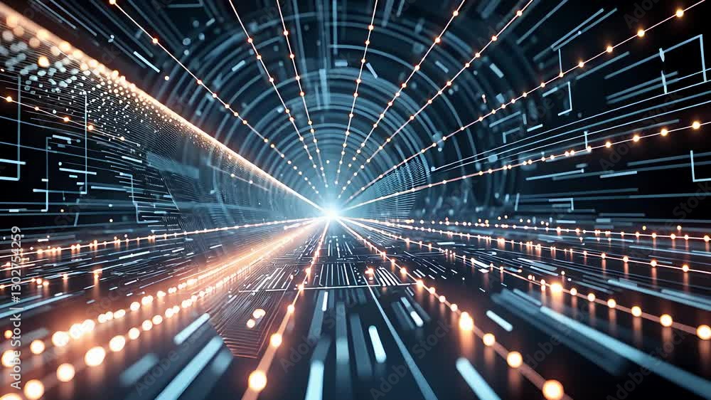 Poster futuristic digital tunnel with glowing lights, lines, and data streams in motion, representing fast 