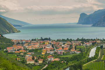 Aerial view of mountains surrounding Lake Garda, Italy, stunning landscape and nature