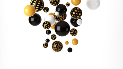 Abstract Background with Dynamic 3d Spheres. 3D Black and Yellow Geometric Balls. Illustration of Glossy Balls.