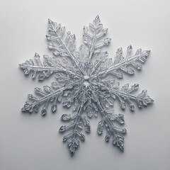 A close-up of a perfectly symmetrical snowflake resting on a smooth, white background.