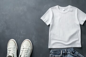 Ultra Quality Picture of Tshirt Jeans and White Sneakers on Gray Background Top View
