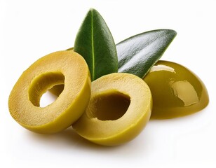 Pickled Green Olive Slices Isolated on White Background