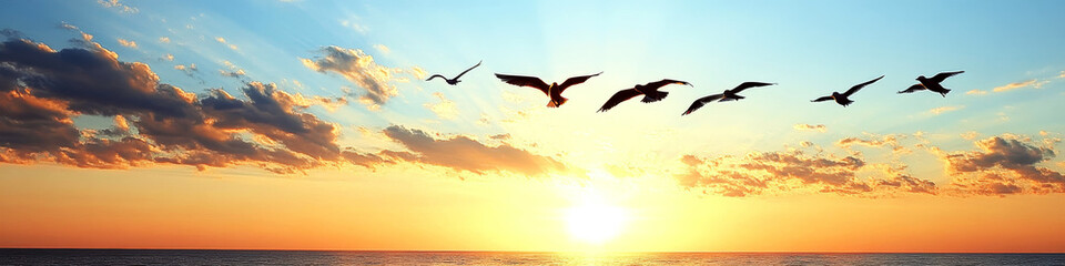 Naklejka premium Birds fly over a calm ocean at sunrise, with vibrant clouds and sunlight. Concept of serenity and beauty of nature. For sales in home decor.