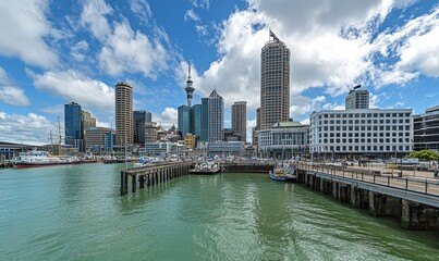 Naklejka premium Auckland waterfront with boats, piers, city skyline, and clouds on a summer day