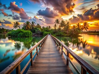 Fototapeta premium Serene Lagoon Bridge Crossing at Sunset, Idyllic Tropical Island Landscape