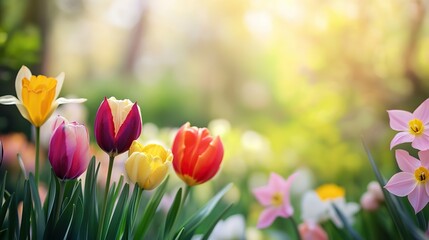 Vibrant tulips and daffodils in the foreground with a dreamy spring garden backdrop, perfect for Easter or spring-themed designs, with copy space.