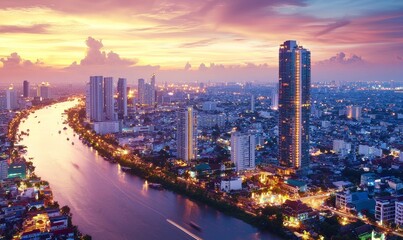 Fototapeta premium Bangkok city river sunset cityscape aerial view, urban skyline background, travel destination