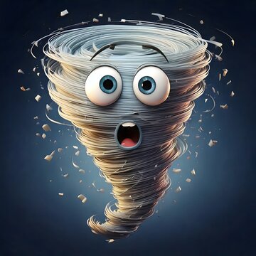 A quirky 3D cartoon emoji of a tornado looking confused with spinning swirled eyes and floating debris.