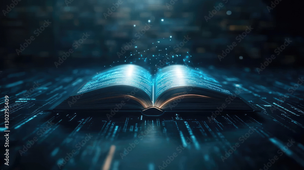 Aufkleber illuminated book unveiling innovative ideas into cyberspace digital realm artistic visualization