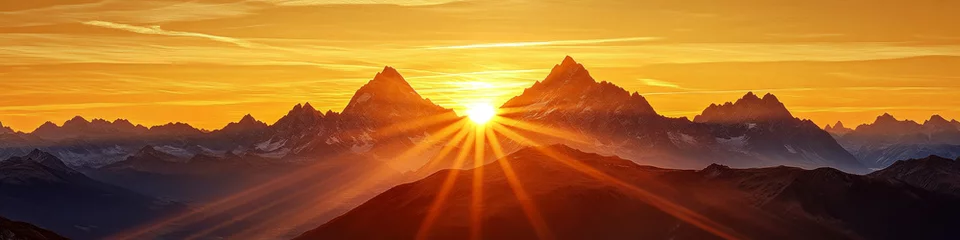 Fototapete Rund Majestic mountains with the sun setting, casting rays across the sky. Concept of nature's beauty and tranquility. For landscape backgrounds. © Oksana