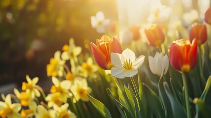 Obraz premium Vibrant tulips and daffodils in the foreground with a dreamy spring garden backdrop, perfect for Easter or spring-themed designs, with copy space.