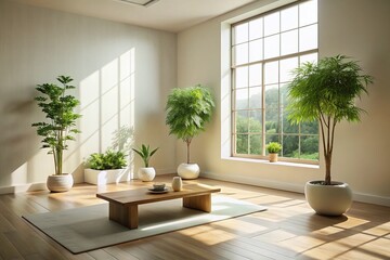 Serene Minimalist Meditation Room: Natural Light & Greenery Stock Photo