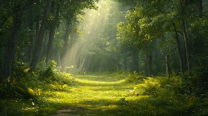 Obraz premium Sunlight illuminates a path through a lush, green forest with deer in the distance