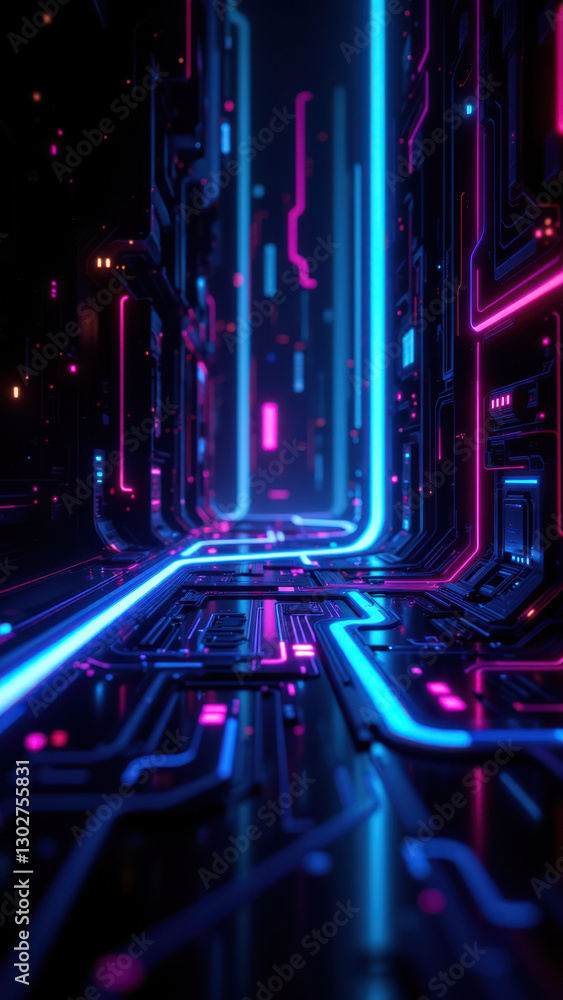 Poster a futuristic ci/cd pipeline environment with vibrant neon lights and intricate digital structures.