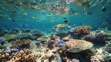 Obraz premium A breathtaking underwater scene featuring two sea turtles gliding over a thriving coral reef, surrounded by colorful tropical fish.