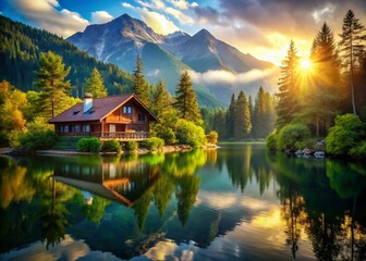 Naklejka premium Serene Mountain Lake House Retreat: Peaceful Lakeside Cabin Getaway with Stunning Mountain Views