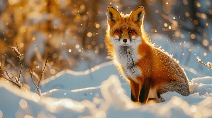 A striking red fox sits gracefully in a snowy landscape, illuminated by warm golden sunlight. Snowflakes glisten around it,