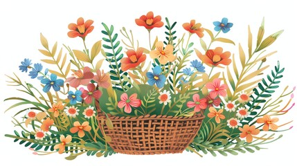 A basket overflowing with a bouquet of colorful flowers.