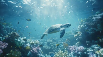 Fototapeta premium A majestic sea turtle gracefully swims through a thriving coral reef, surrounded by colorful fish and illuminated by beams of sunlight filtering through the ocean surface.