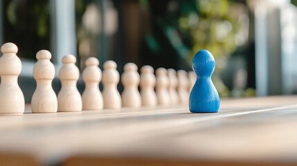 Blue figure standing out in a line of white figures