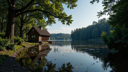 Obraz premium Serene Polish Lakeside View featuring charming wooden cabin nestled among lush greenery and tranquil waters. Concept evokes peacefulness and natural beauty of Polish Lakeside View