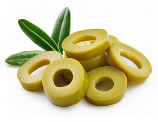 Pickled Green Olive Slices on White Background