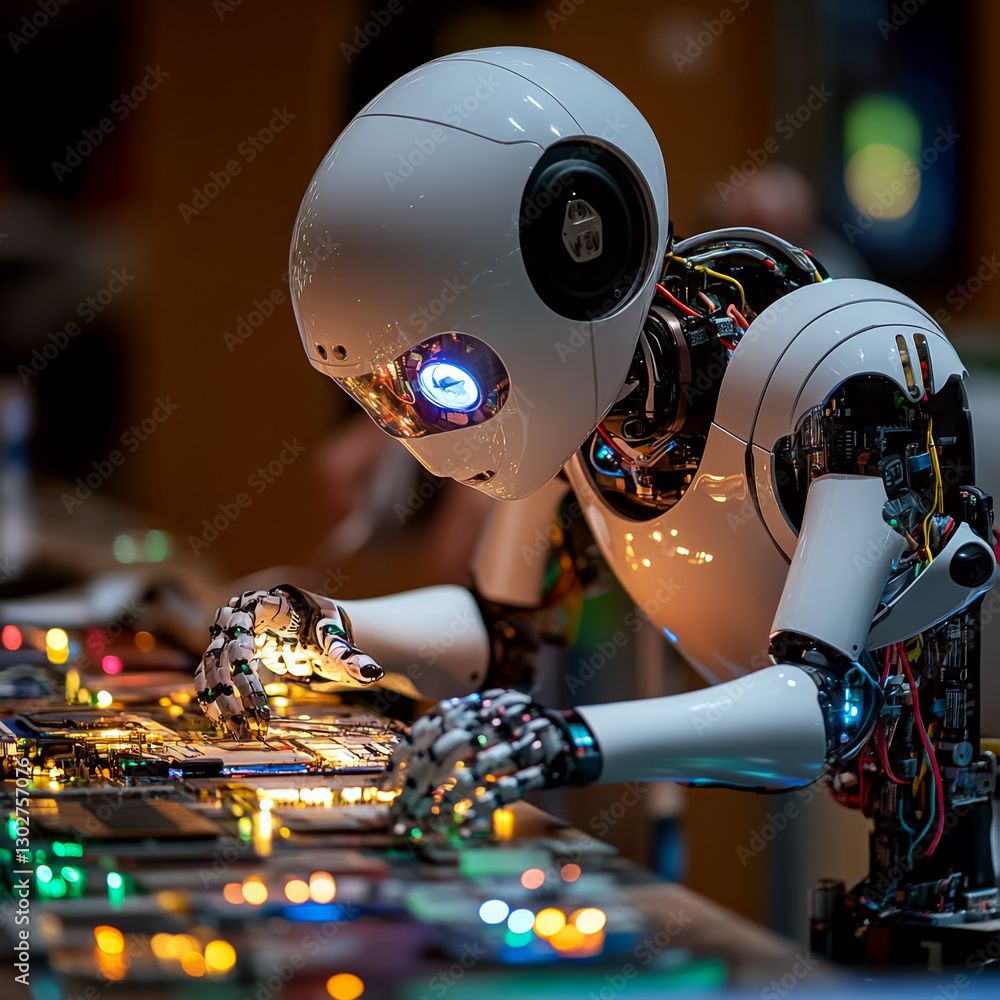 Poster a humanoid robot works with glowing circuits on a desk. concept of futuristic technology and artific