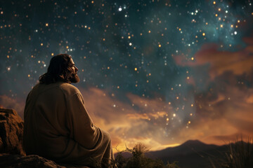 Prayers in Gethsemane night of Jesus Christ praying alone under the vast starry sky before his sacrifice during Holy Week