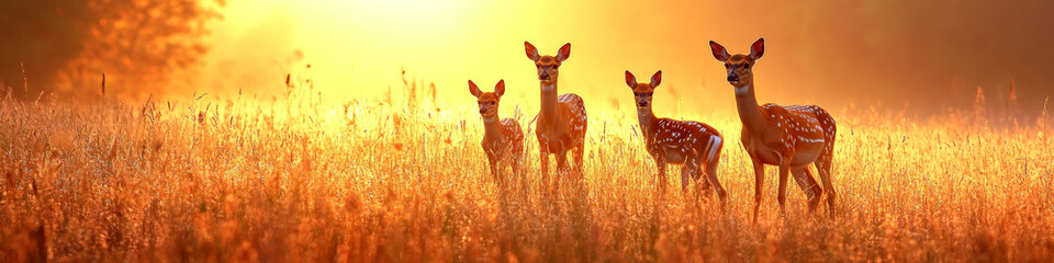Fototapeta premium Four deer stand in a sunlit meadow, looking forward amidst tall grass. Concept of nature and tranquility. For wildlife photo.