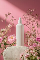 Empty White Spray Bottle on Stone, Pink Flowers, Studio Scene