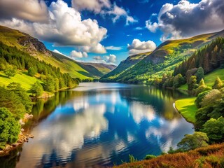 Naklejka premium Serene Upper Lake Glendalough, Ireland: Scenic Landscape Photo
