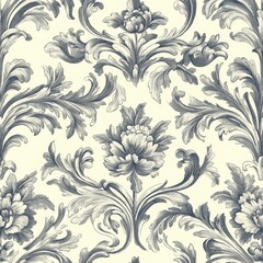Elegant Blue and Cream Damask Floral Pattern Background