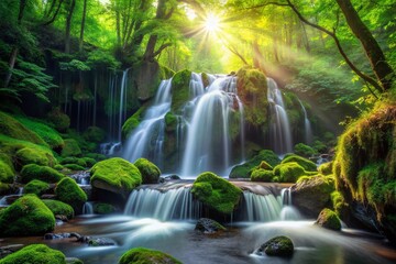 Fototapeta premium Serene Waterfall in Lush Green Forest: Nature's Tranquil Escape