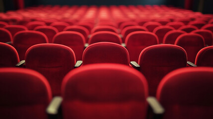 Obraz premium Rows of red seats in a theater, creating a pattern of cushioned comfort for an audience anticipating a performance. Rows of red seats in a theatre.