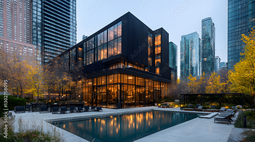 Poster modern building with a pool surrounded by urban greenery at dusk