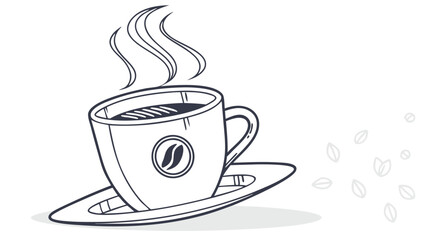 Coffee Cup Illustration: Steaming Hot Drink with Coffee Bean Logo on Saucer - Black and White Line Art Design