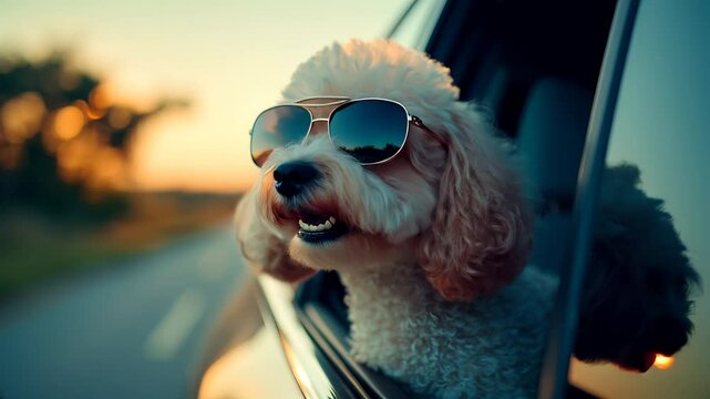 Dog rides in car, head out window, tongue hanging out, concept trip with pet by car
