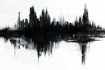 Fototapeta premium Monochrome cityscape reflected in water, abstract art.
