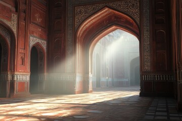 Sunbeam illuminates ornate archway in ancient mosque interior.