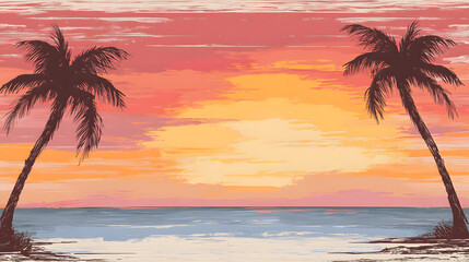 Obraz premium Sunset over the ocean with palm trees silhouetted against a colorful sky